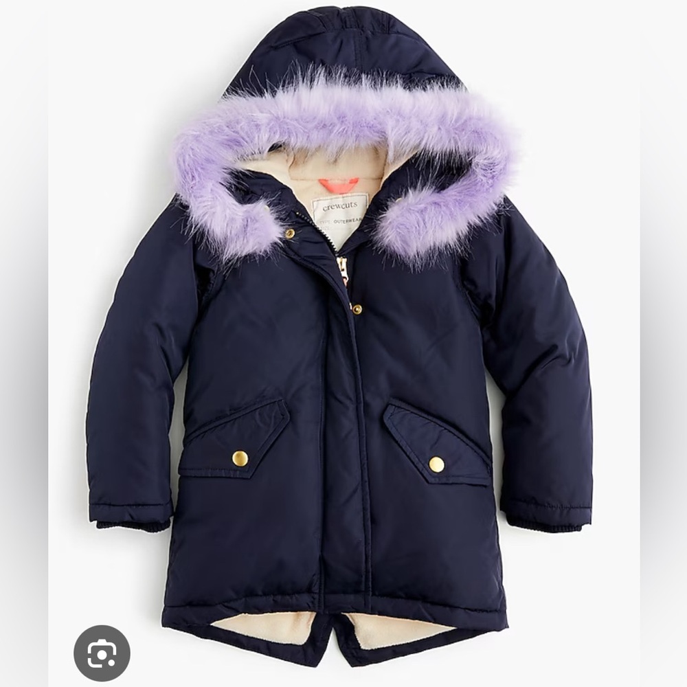 Navy coat with lavender fur trim